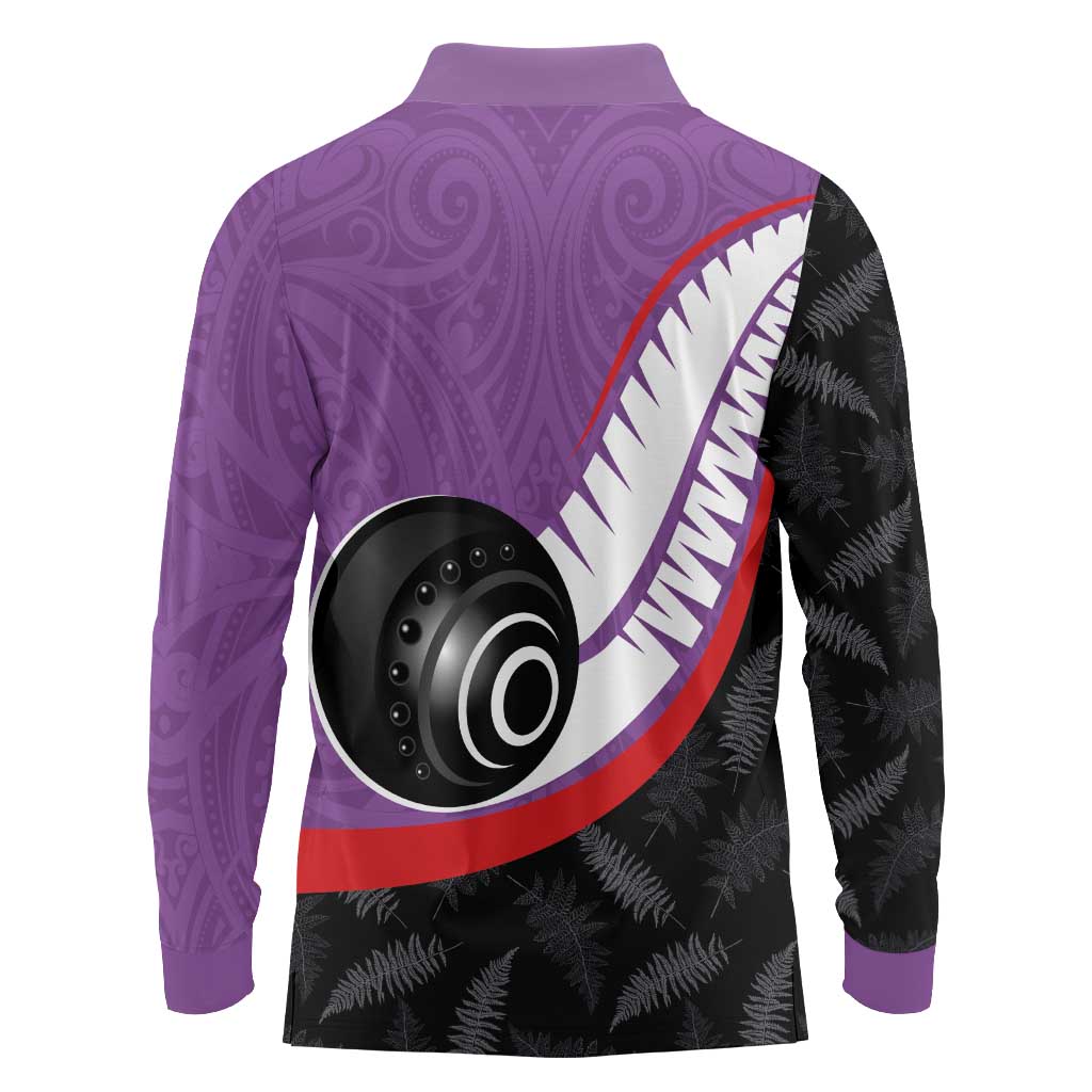 Personalised Aotearoa Lawn Bowls Long Sleeve Polo Shirt Maori and Silver Fern Sporty Style Purple Color - Aussie Hoodie
