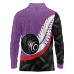 Personalised Aotearoa Lawn Bowls Long Sleeve Polo Shirt Maori and Silver Fern Sporty Style Purple Color - Aussie Hoodie
