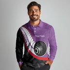 Personalised Aotearoa Lawn Bowls Long Sleeve Polo Shirt Maori and Silver Fern Sporty Style Purple Color - Aussie Hoodie