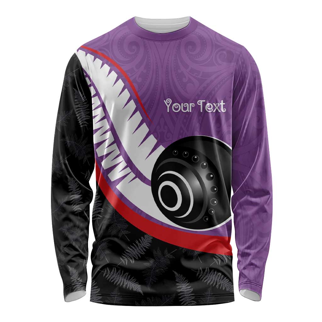 Personalised Aotearoa Lawn Bowls Long Sleeve Shirt Maori and Silver Fern Sporty Style Purple Color - Aussie Hoodie