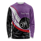 Personalised Aotearoa Lawn Bowls Long Sleeve Shirt Maori and Silver Fern Sporty Style Purple Color - Aussie Hoodie