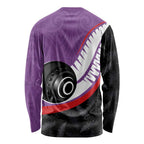 Personalised Aotearoa Lawn Bowls Long Sleeve Shirt Maori and Silver Fern Sporty Style Purple Color - Aussie Hoodie