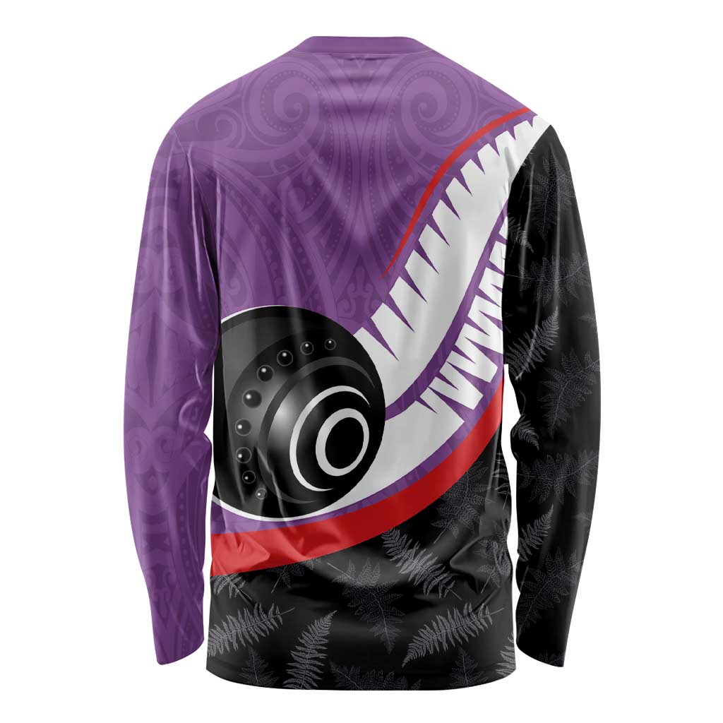 Personalised Aotearoa Lawn Bowls Long Sleeve Shirt Maori and Silver Fern Sporty Style Purple Color - Aussie Hoodie