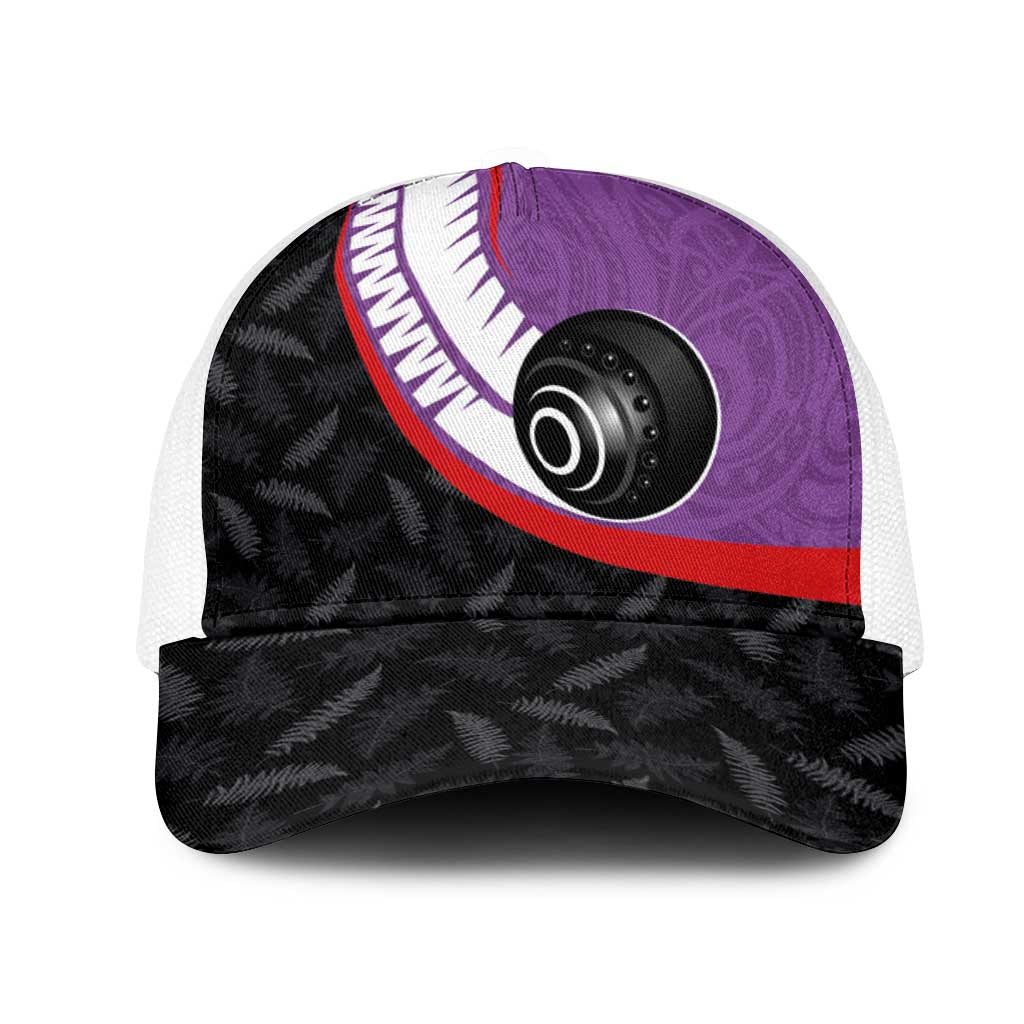 Aotearoa Lawn Bowls Mesh Trucker Cap Maori and Silver Fern Sporty Style Purple Color - Aussie Hoodie