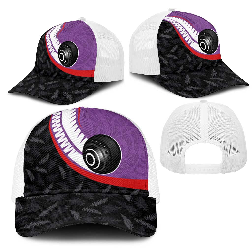 Aotearoa Lawn Bowls Mesh Trucker Cap Maori and Silver Fern Sporty Style Purple Color - Aussie Hoodie