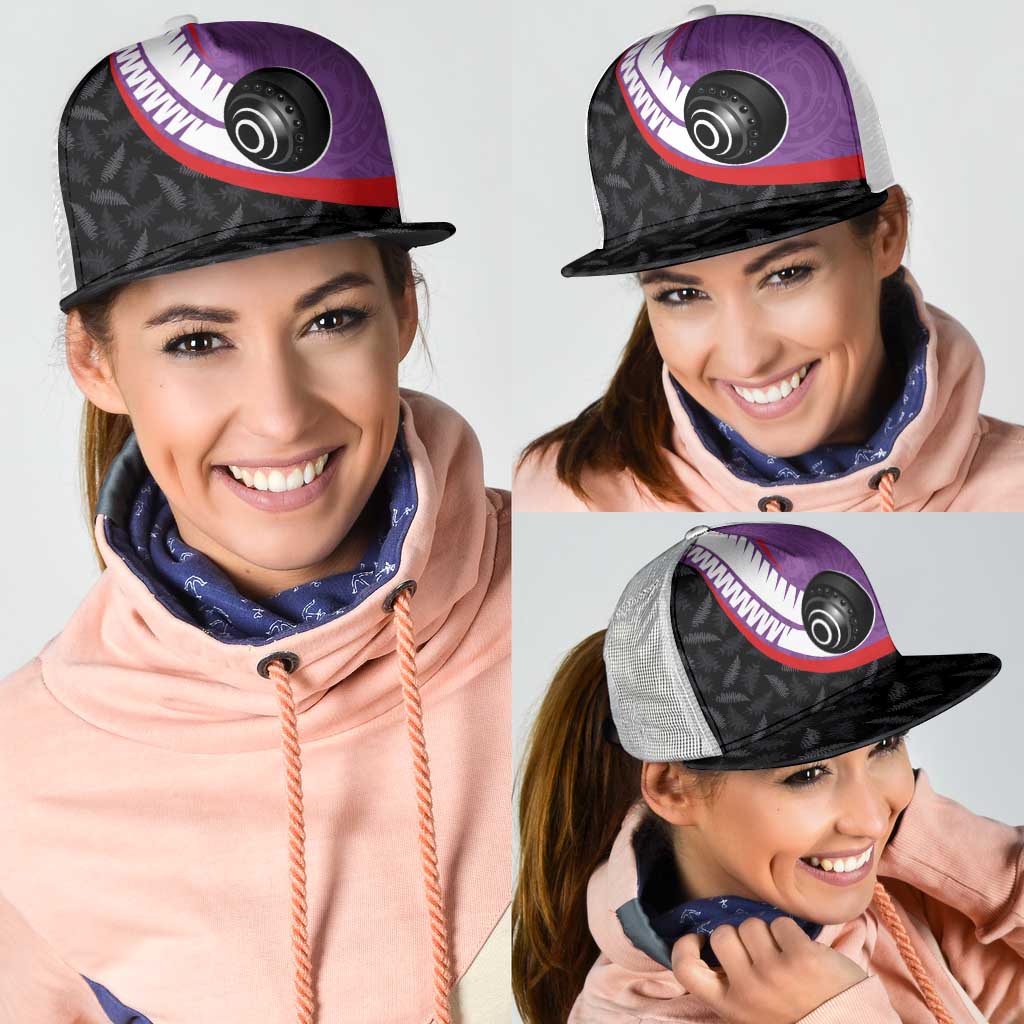Aotearoa Lawn Bowls Mesh Trucker Cap Maori and Silver Fern Sporty Style Purple Color - Aussie Hoodie
