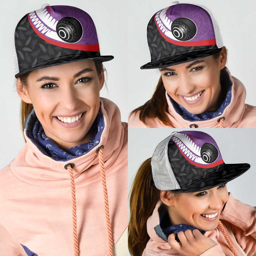 Aotearoa Lawn Bowls Mesh Trucker Cap Maori and Silver Fern Sporty Style Purple Color - Aussie Hoodie