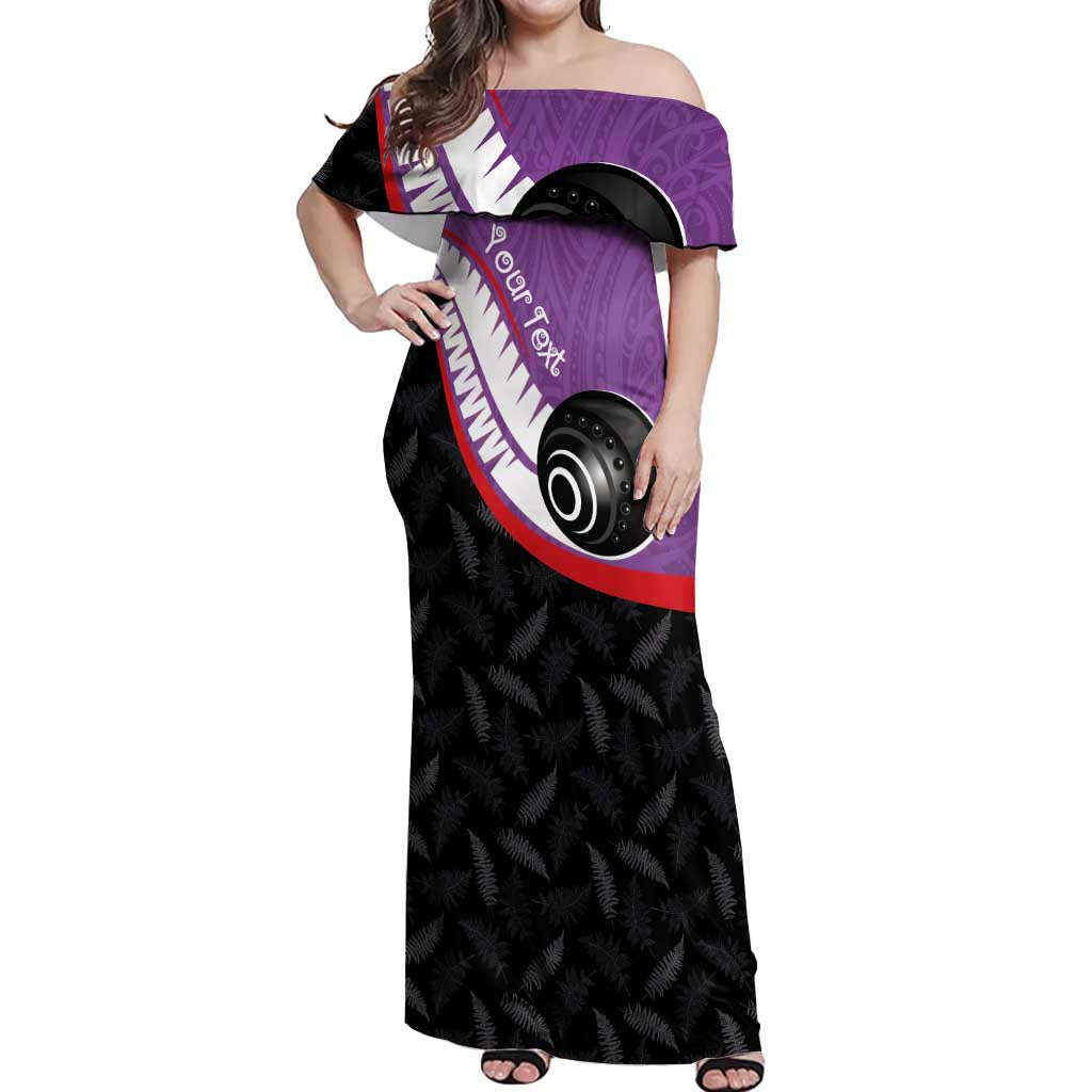 Personalised Aotearoa Lawn Bowls Off Shoulder Maxi Dress Maori and Silver Fern Sporty Style Purple Color - Aussie Hoodie
