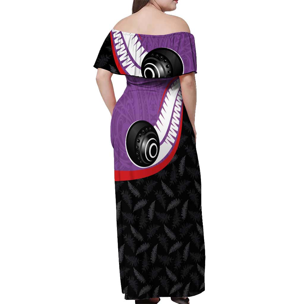 Personalised Aotearoa Lawn Bowls Off Shoulder Maxi Dress Maori and Silver Fern Sporty Style Purple Color - Aussie Hoodie