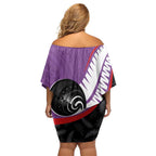 Personalised Aotearoa Lawn Bowls Off Shoulder Short Dress Maori and Silver Fern Sporty Style Purple Color - Aussie Hoodie