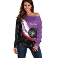Personalised Aotearoa Lawn Bowls Off Shoulder Sweater Maori and Silver Fern Sporty Style Purple Color - Aussie Hoodie