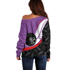 Personalised Aotearoa Lawn Bowls Off Shoulder Sweater Maori and Silver Fern Sporty Style Purple Color - Aussie Hoodie