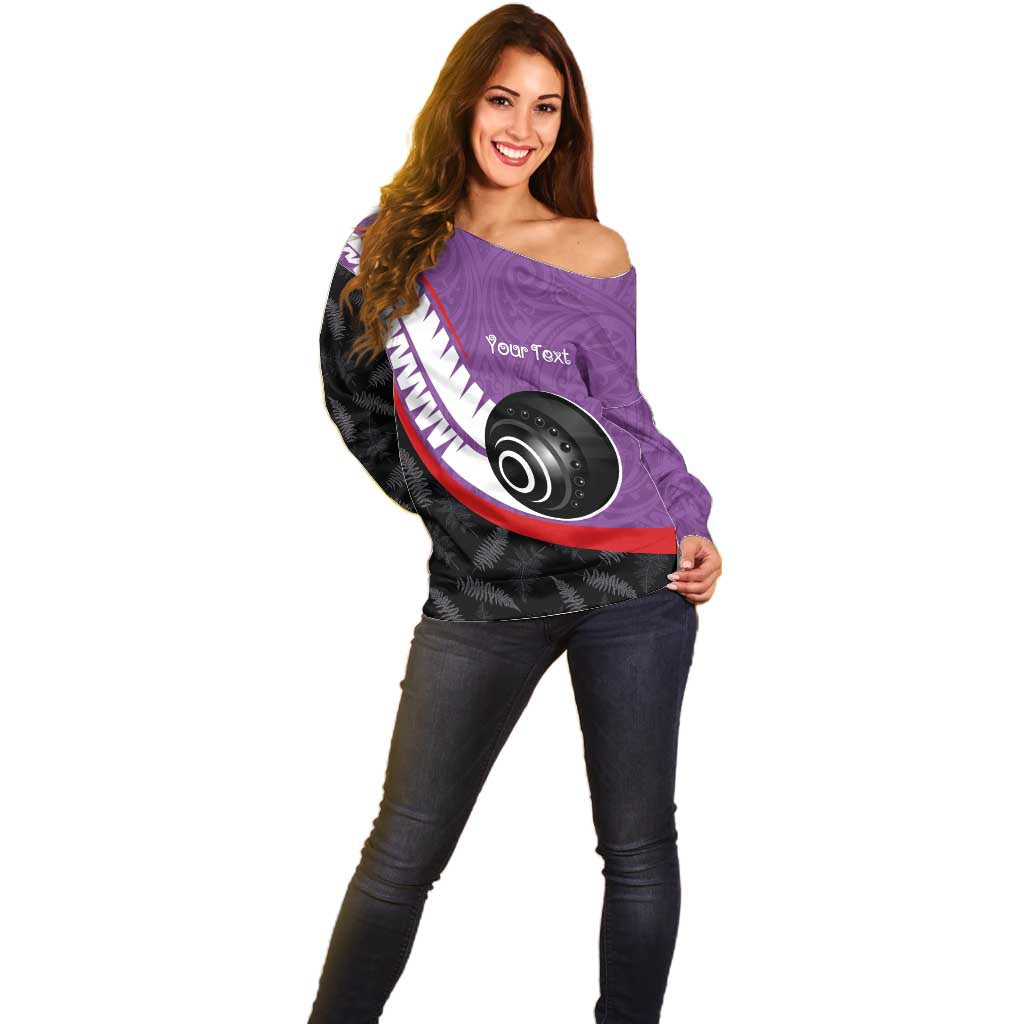 Personalised Aotearoa Lawn Bowls Off Shoulder Sweater Maori and Silver Fern Sporty Style Purple Color - Aussie Hoodie