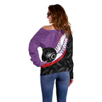 Personalised Aotearoa Lawn Bowls Off Shoulder Sweater Maori and Silver Fern Sporty Style Purple Color - Aussie Hoodie