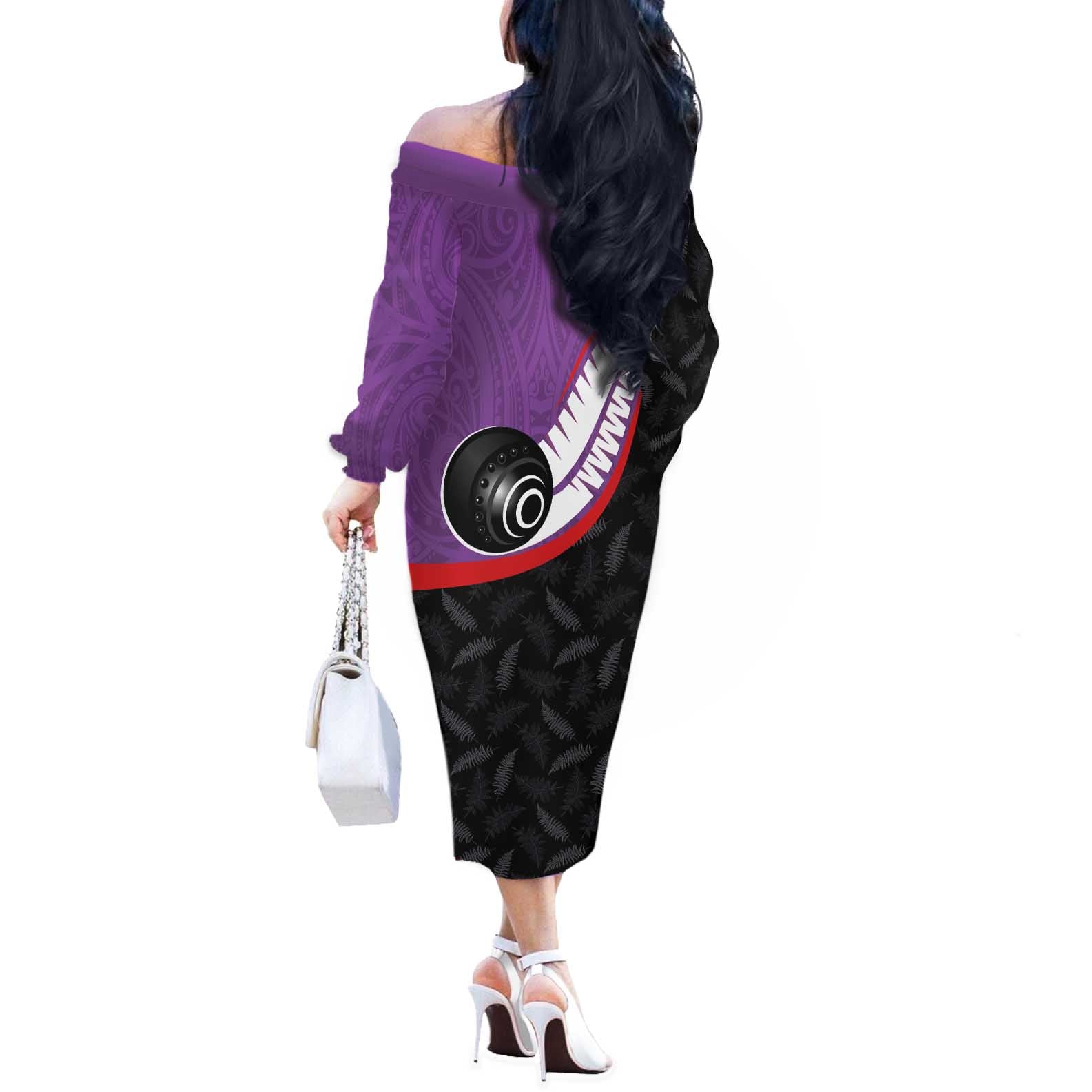Personalised Aotearoa Lawn Bowls Off The Shoulder Long Sleeve Dress Maori and Silver Fern Sporty Style Purple Color - Aussie Hoodie