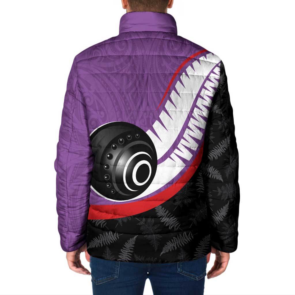 Personalised Aotearoa Lawn Bowls Padded Jacket Maori and Silver Fern Sporty Style Purple Color - Aussie Hoodie