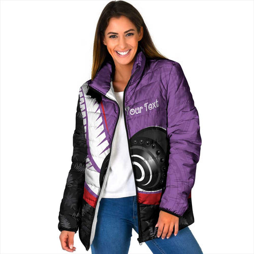 Personalised Aotearoa Lawn Bowls Padded Jacket Maori and Silver Fern Sporty Style Purple Color - Aussie Hoodie