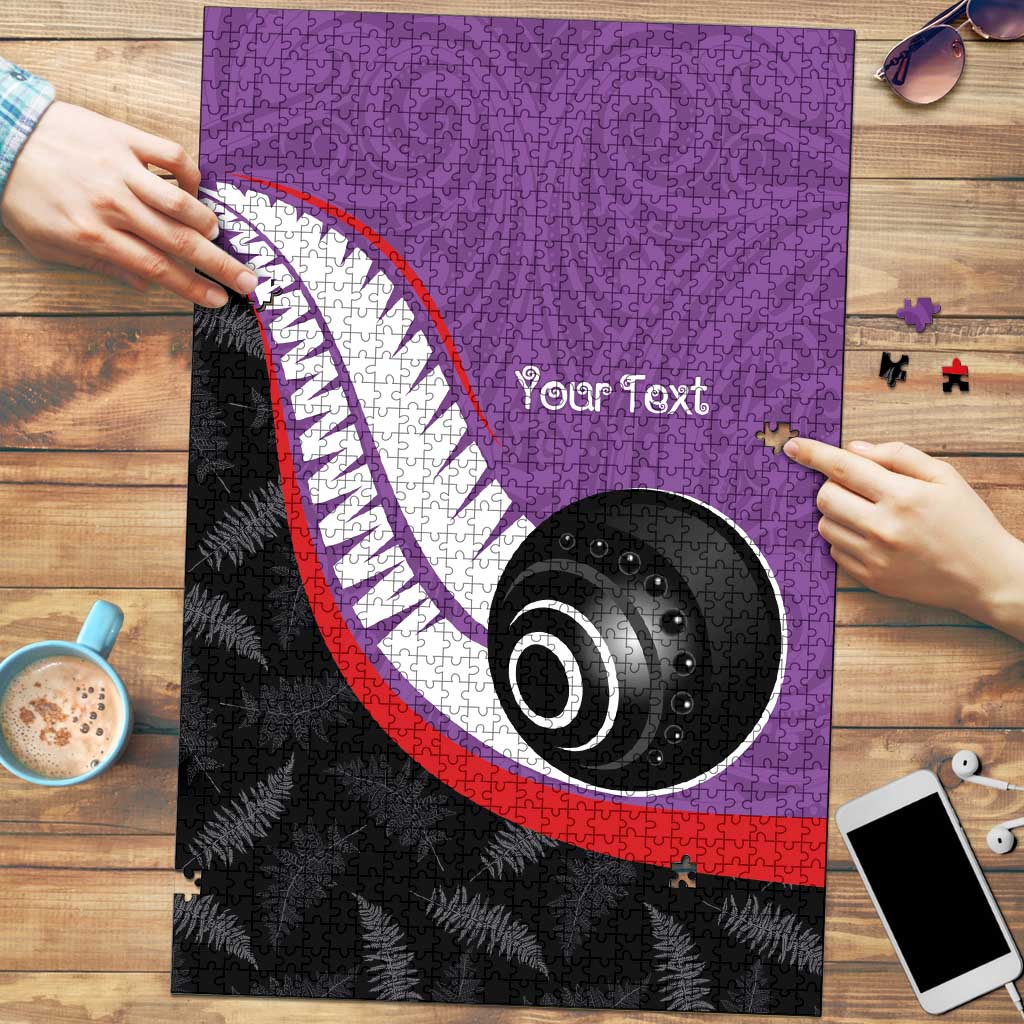 Personalised Aotearoa Lawn Bowls Puzzle Maori and Silver Fern Sporty Style Purple Color - Aussie Hoodie