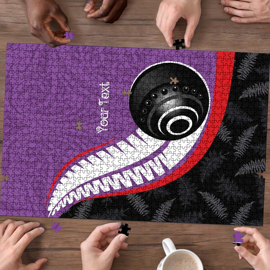 Personalised Aotearoa Lawn Bowls Puzzle Maori and Silver Fern Sporty Style Purple Color - Aussie Hoodie