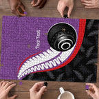 Personalised Aotearoa Lawn Bowls Puzzle Maori and Silver Fern Sporty Style Purple Color - Aussie Hoodie
