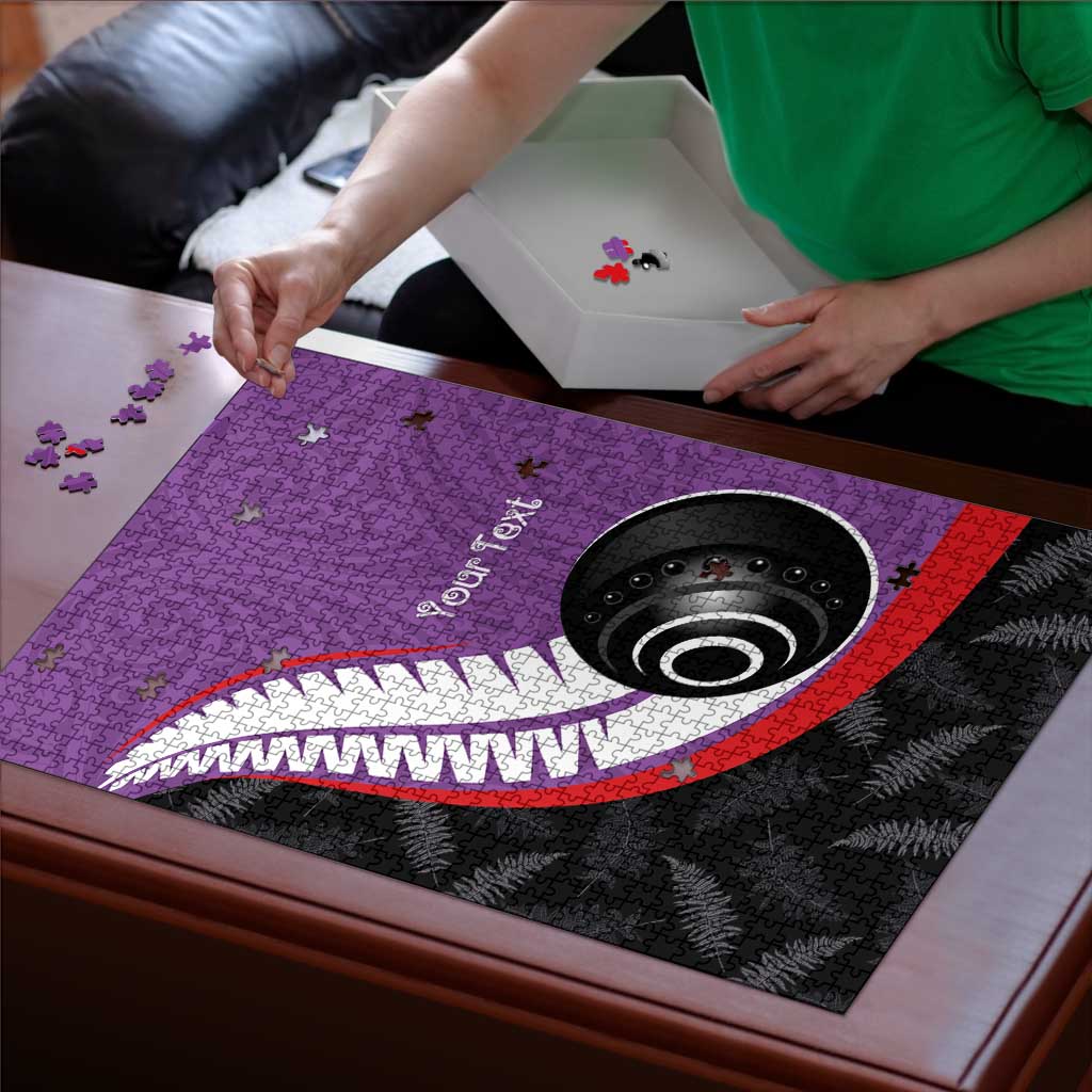 Personalised Aotearoa Lawn Bowls Puzzle Maori and Silver Fern Sporty Style Purple Color - Aussie Hoodie