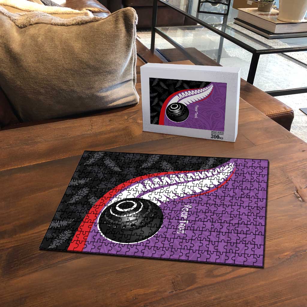 Personalised Aotearoa Lawn Bowls Puzzle Maori and Silver Fern Sporty Style Purple Color - Aussie Hoodie