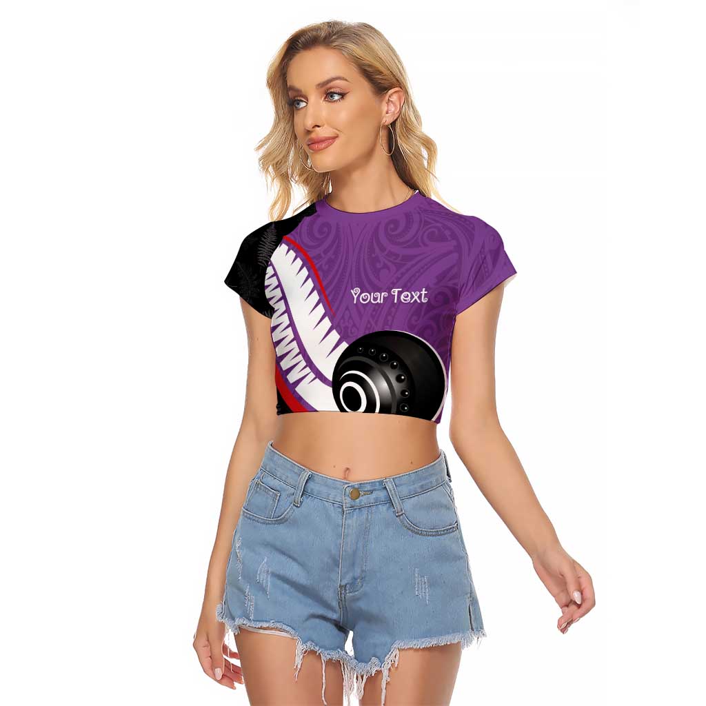 Personalised Aotearoa Lawn Bowls Raglan Cropped T Shirt Maori and Silver Fern Sporty Style Purple Color - Aussie Hoodie