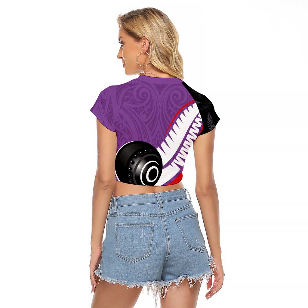 Personalised Aotearoa Lawn Bowls Raglan Cropped T Shirt Maori and Silver Fern Sporty Style Purple Color - Aussie Hoodie