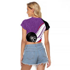 Personalised Aotearoa Lawn Bowls Raglan Cropped T Shirt Maori and Silver Fern Sporty Style Purple Color - Aussie Hoodie
