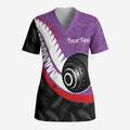 Personalised Aotearoa Lawn Bowls Scrub Top Maori and Silver Fern Sporty Style Purple Color - Aussie Hoodie