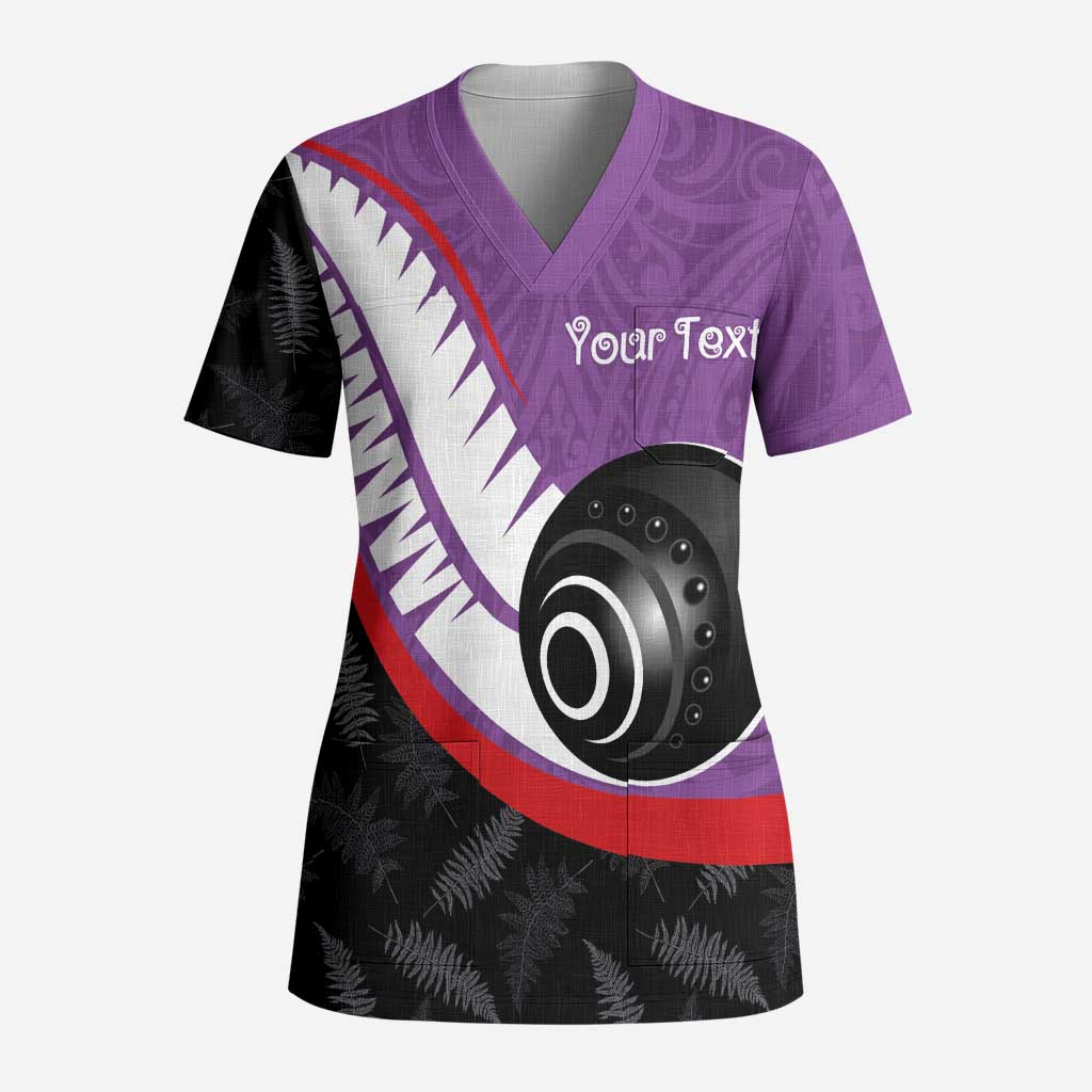Personalised Aotearoa Lawn Bowls Scrub Top Maori and Silver Fern Sporty Style Purple Color - Aussie Hoodie