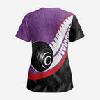 Personalised Aotearoa Lawn Bowls Scrub Top Maori and Silver Fern Sporty Style Purple Color - Aussie Hoodie