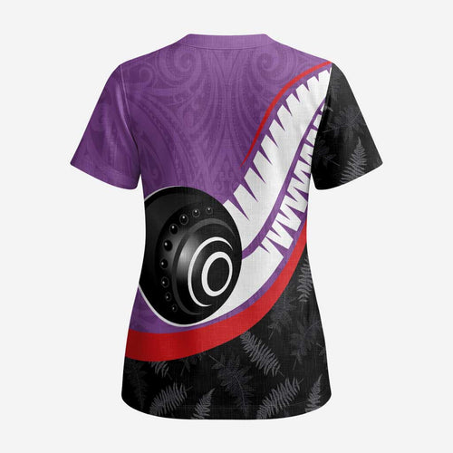 Personalised Aotearoa Lawn Bowls Scrub Top Maori and Silver Fern Sporty Style Purple Color - Aussie Hoodie