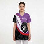 Personalised Aotearoa Lawn Bowls Scrub Top Maori and Silver Fern Sporty Style Purple Color - Aussie Hoodie