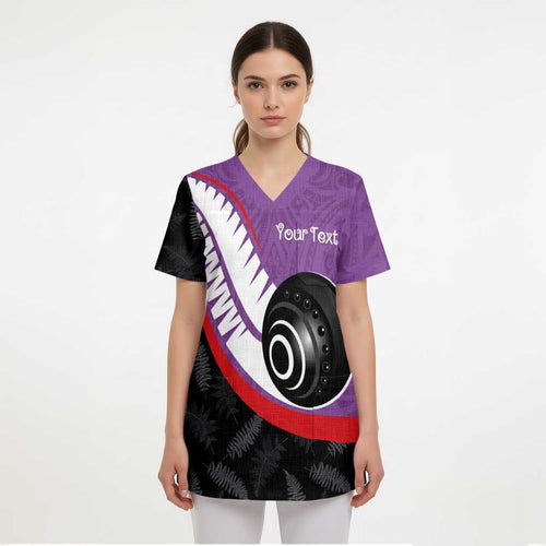 Personalised Aotearoa Lawn Bowls Scrub Top Maori and Silver Fern Sporty Style Purple Color - Aussie Hoodie