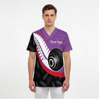 Personalised Aotearoa Lawn Bowls Scrub Top Maori and Silver Fern Sporty Style Purple Color - Aussie Hoodie