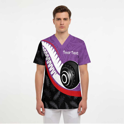 Personalised Aotearoa Lawn Bowls Scrub Top Maori and Silver Fern Sporty Style Purple Color - Aussie Hoodie