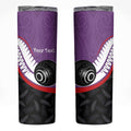 Personalised Aotearoa Lawn Bowls Skinny Tumbler Maori and Silver Fern Sporty Style Purple Color - Aussie Hoodie