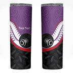 Personalised Aotearoa Lawn Bowls Skinny Tumbler Maori and Silver Fern Sporty Style Purple Color - Aussie Hoodie