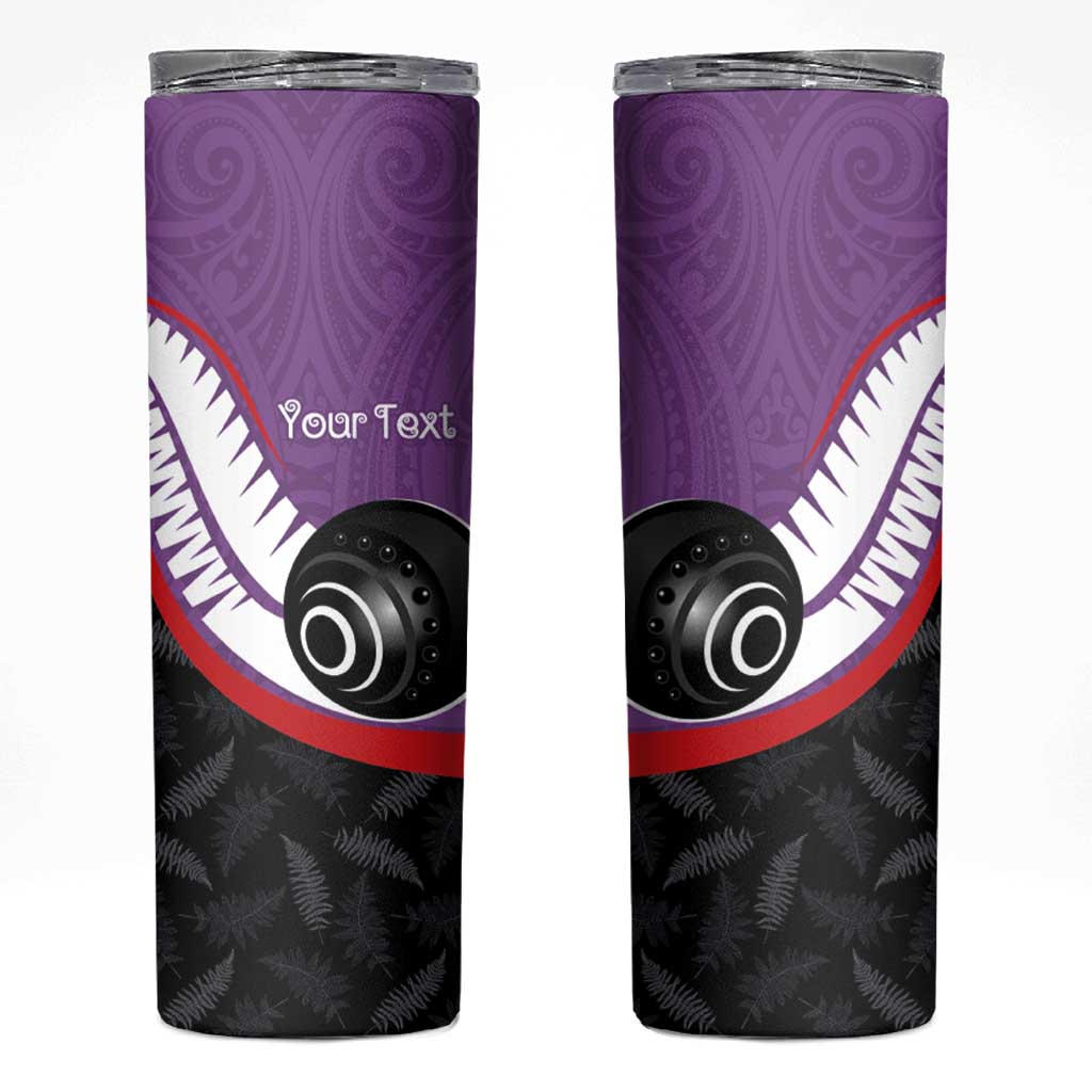Personalised Aotearoa Lawn Bowls Skinny Tumbler Maori and Silver Fern Sporty Style Purple Color - Aussie Hoodie