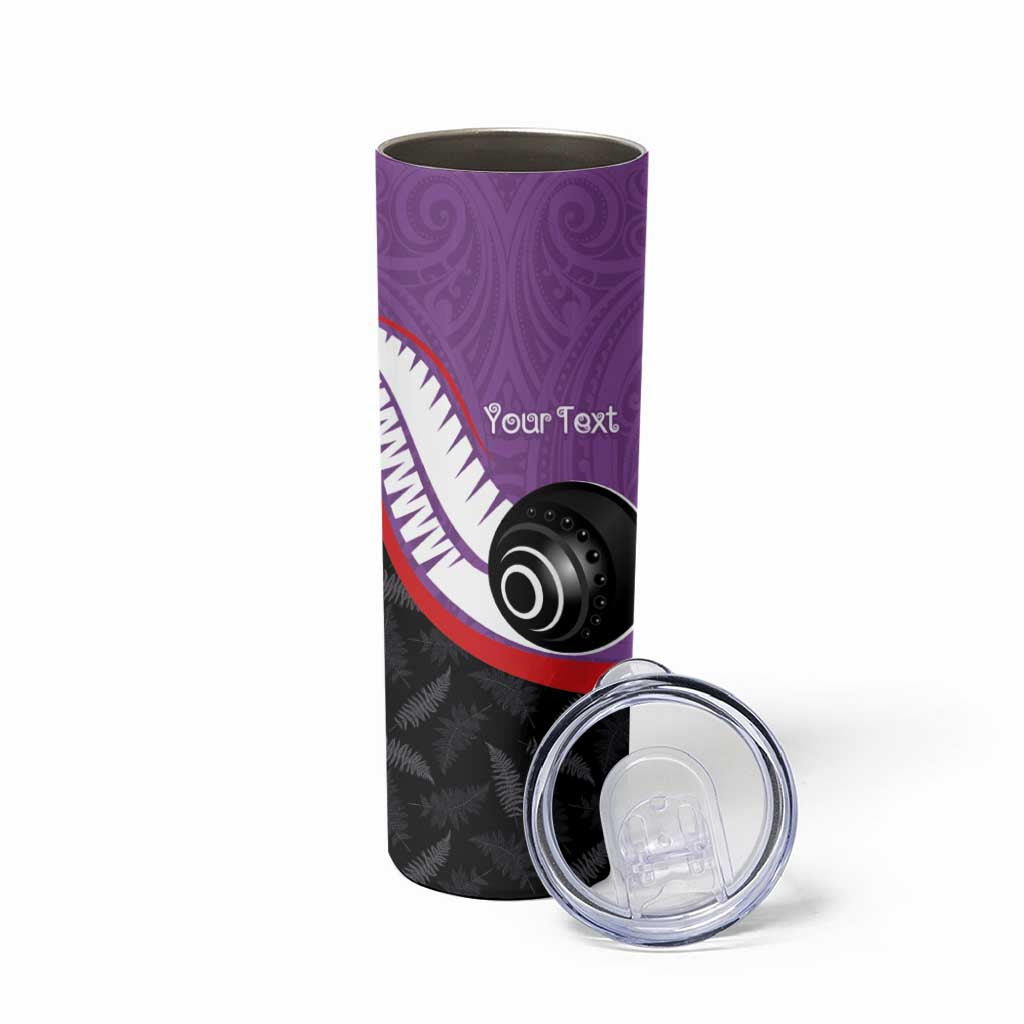 Personalised Aotearoa Lawn Bowls Skinny Tumbler Maori and Silver Fern Sporty Style Purple Color - Aussie Hoodie