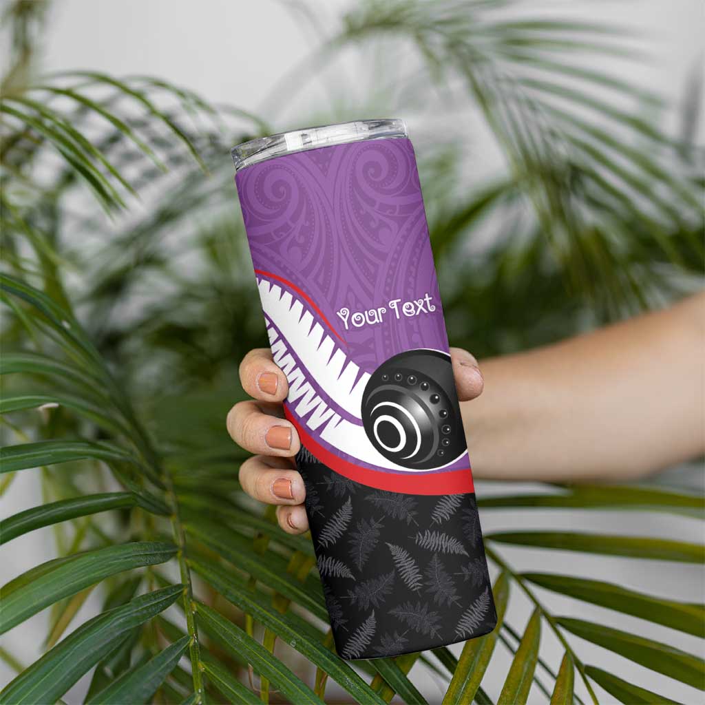 Personalised Aotearoa Lawn Bowls Skinny Tumbler Maori and Silver Fern Sporty Style Purple Color - Aussie Hoodie