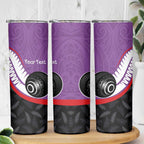 Personalised Aotearoa Lawn Bowls Skinny Tumbler Maori and Silver Fern Sporty Style Purple Color - Aussie Hoodie