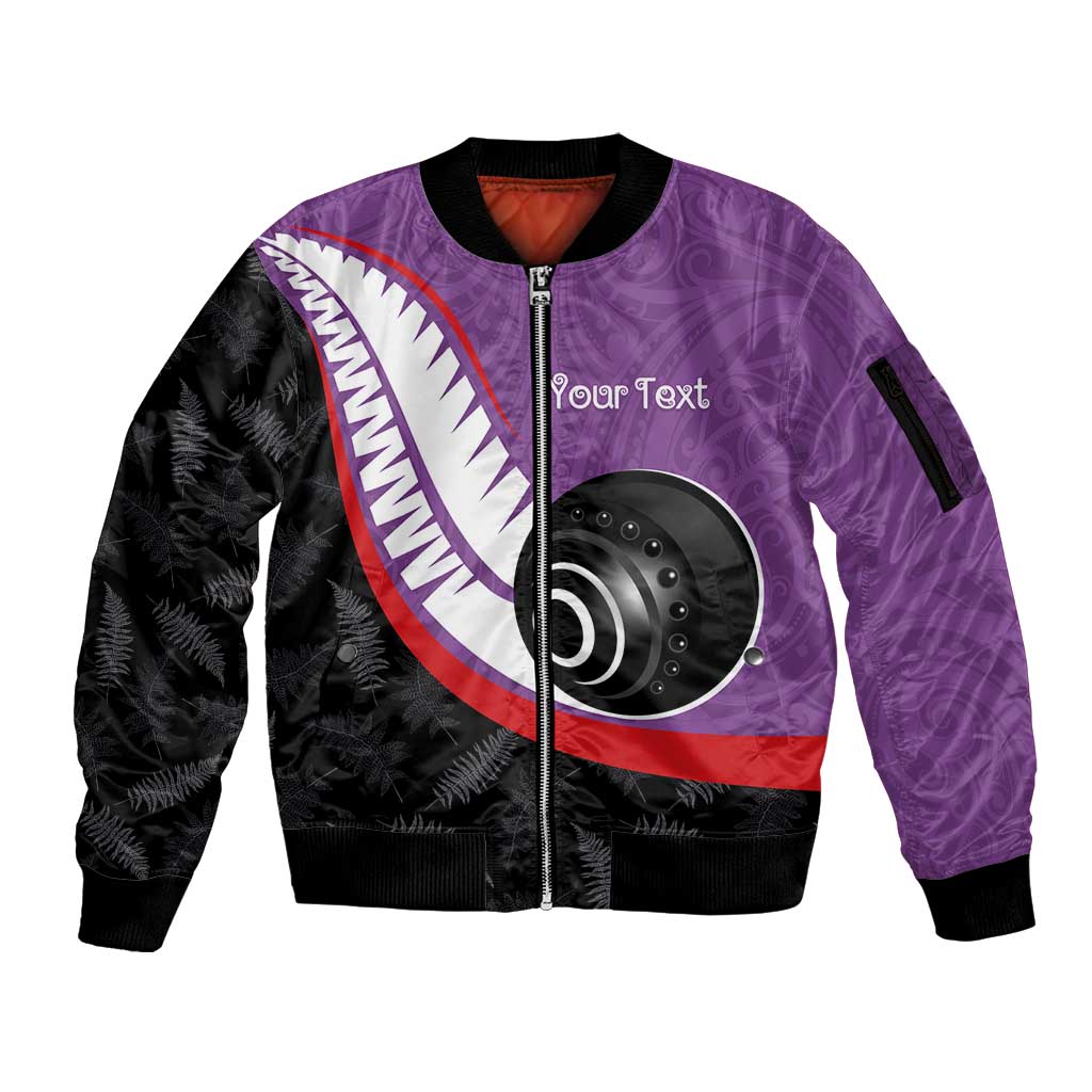 Personalised Aotearoa Lawn Bowls Sleeve Zip Bomber Jacket Maori and Silver Fern Sporty Style Purple Color - Aussie Hoodie