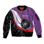 Personalised Aotearoa Lawn Bowls Sleeve Zip Bomber Jacket Maori and Silver Fern Sporty Style Purple Color - Aussie Hoodie