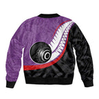 Personalised Aotearoa Lawn Bowls Sleeve Zip Bomber Jacket Maori and Silver Fern Sporty Style Purple Color - Aussie Hoodie