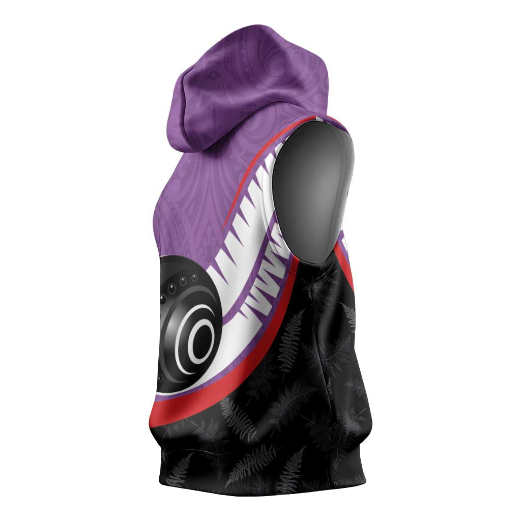 Personalised Aotearoa Lawn Bowls Sleeveless Hoodie Maori and Silver Fern Sporty Style Purple Color - Aussie Hoodie
