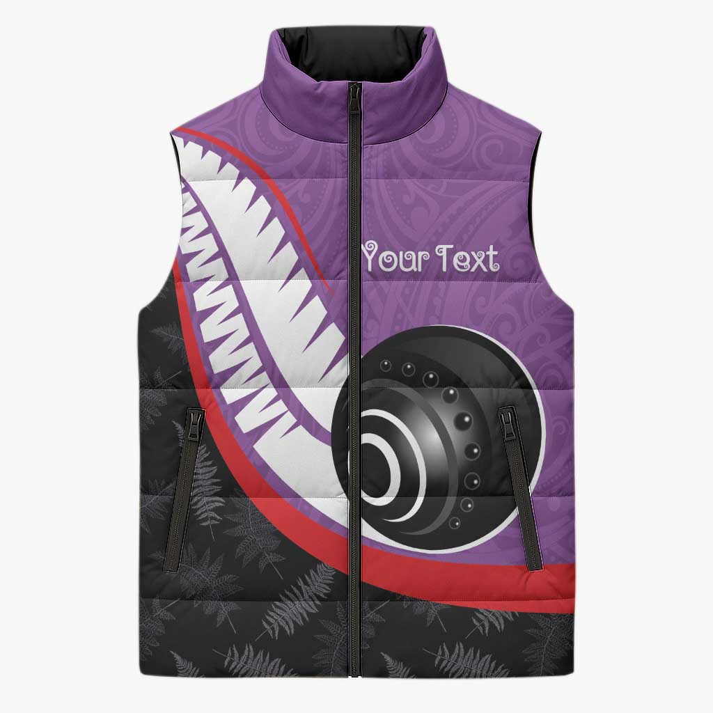 Personalised Aotearoa Lawn Bowls Sleeveless Puffer Jacket Maori and Silver Fern Sporty Style Purple Color - Aussie Hoodie