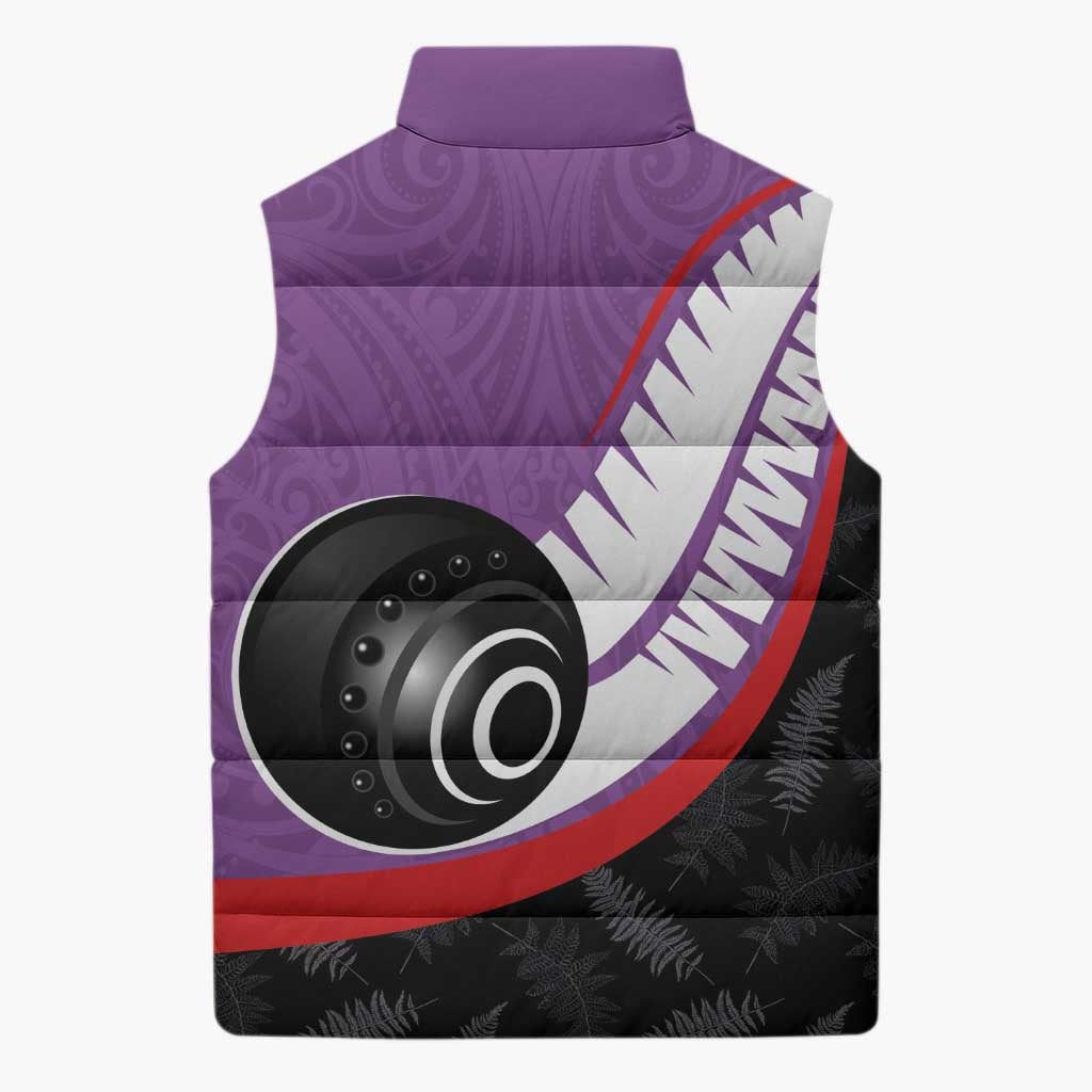 Personalised Aotearoa Lawn Bowls Sleeveless Puffer Jacket Maori and Silver Fern Sporty Style Purple Color - Aussie Hoodie
