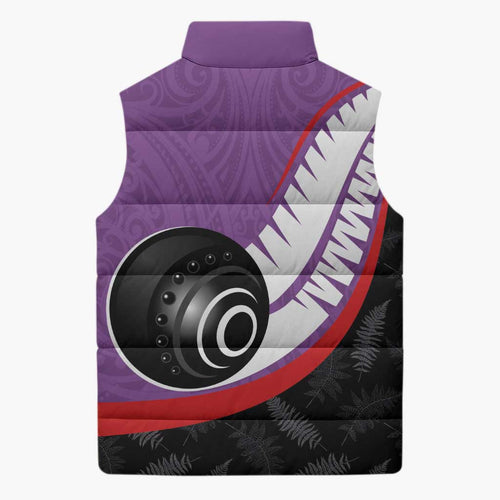 Personalised Aotearoa Lawn Bowls Sleeveless Puffer Jacket Maori and Silver Fern Sporty Style Purple Color - Aussie Hoodie